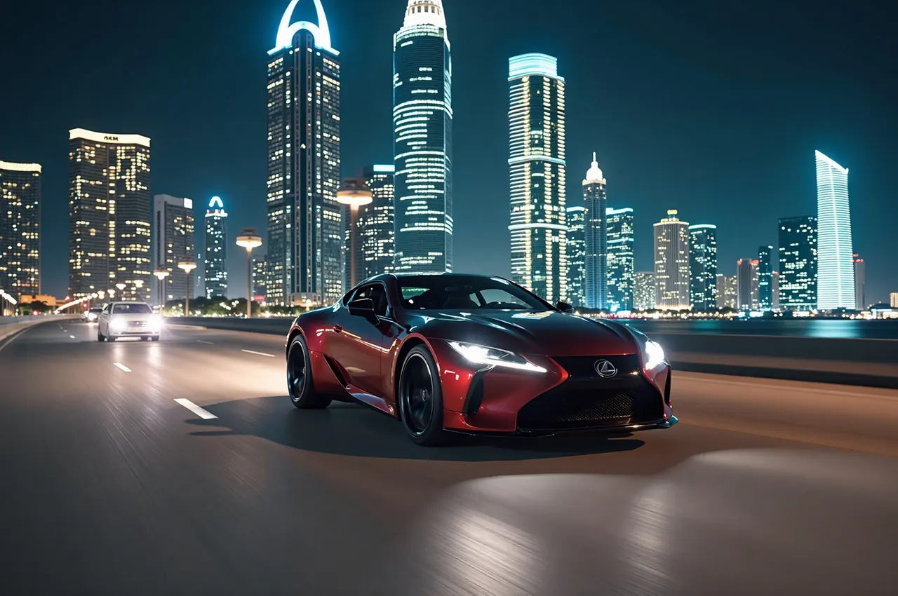 A luxury coupe driving through a Gulf city after dark, illuminated towers reflected across its bodywork.