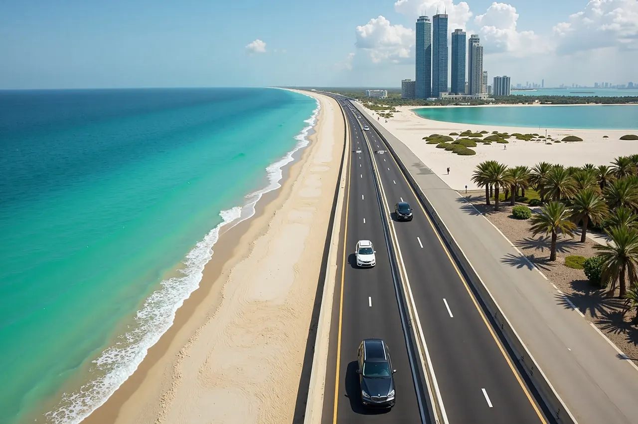 A coastal highway beside the Gulf, turquoise water on one side and modern towers on the distant horizon.