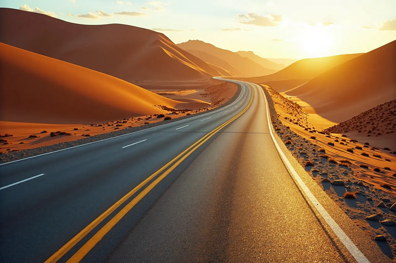 An empty desert highway curving between red dunes at golden hour, with heat haze rising from the asphalt.