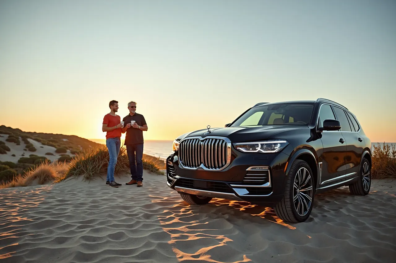 A large SUV parked at a dune viewpoint at sunset, two friends in their fifties standing beside it with coffee.