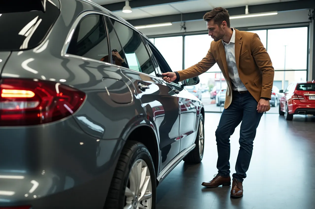 A specialist examining the paint and panel gaps of a pre-owned luxury car with a torch under showroom lighting.