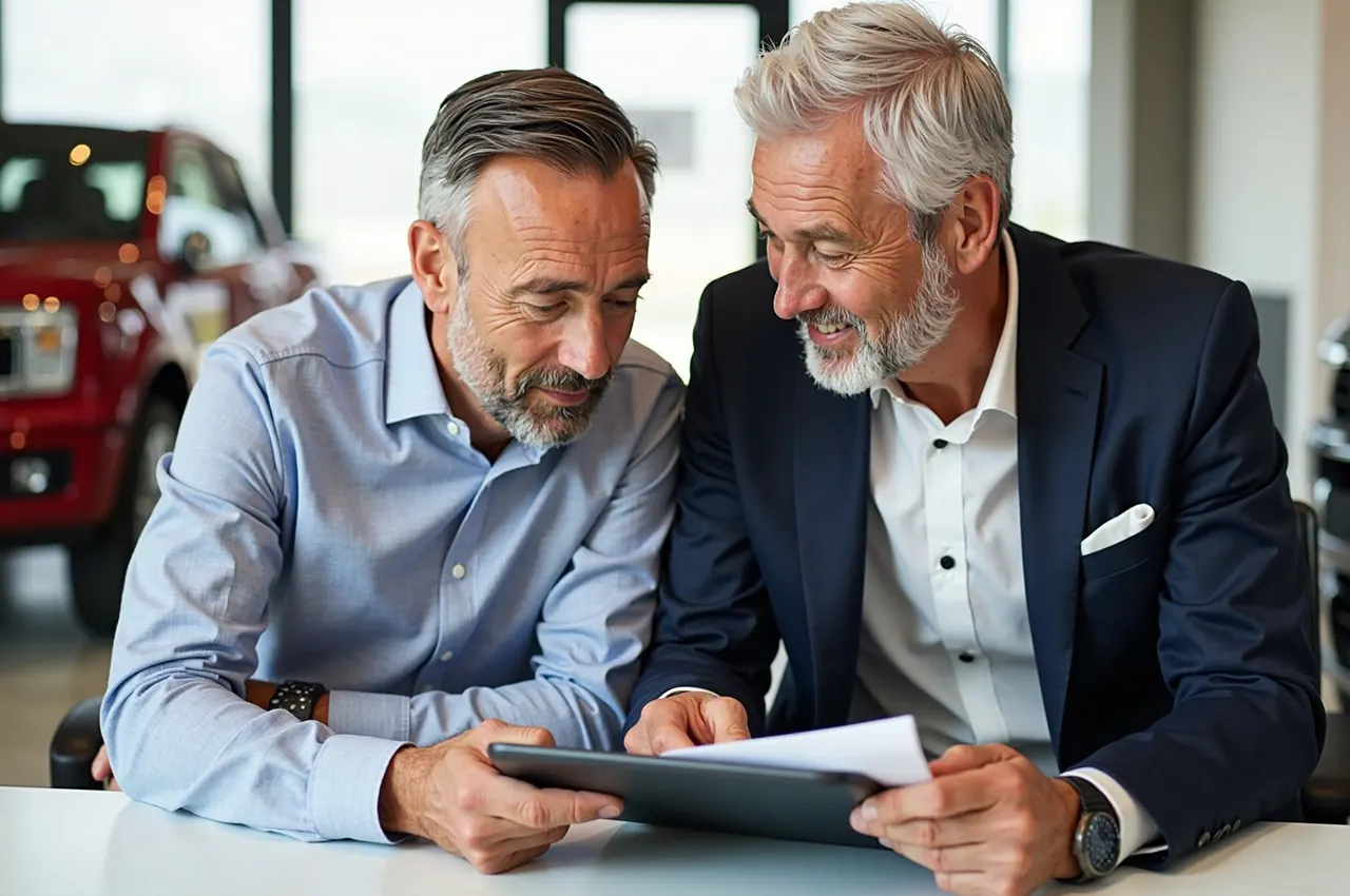 Two men in their fifties going through vehicle documents on a tablet at a modern desk, a showroom floor behind them.